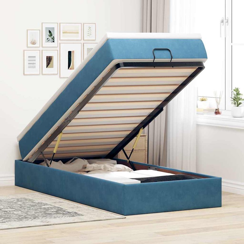 Cadre de lit ottoman avec matelas bleu fonc 100x200 cm velours