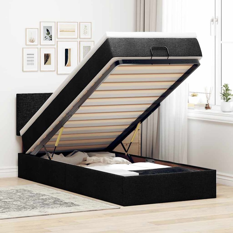 Lit ottoman avec matelas noir 100x200 cm tissu