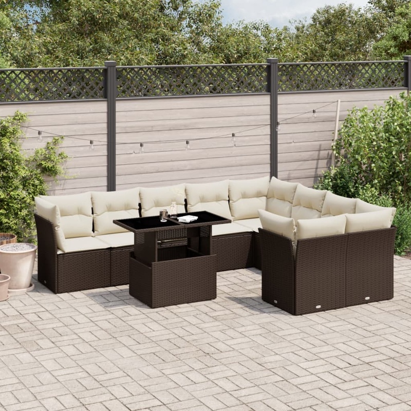 Salon de jardin 10 pcs avec coussins marron rsine tresse