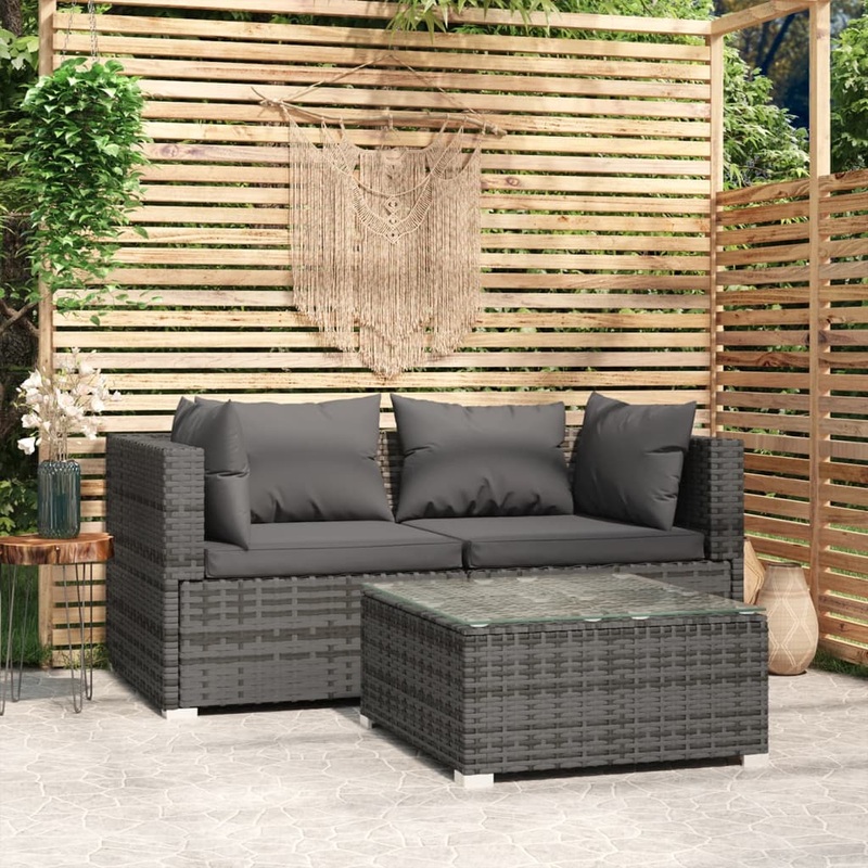 Salon de jardin 3 pcs avec coussins Gris Rsine tresse