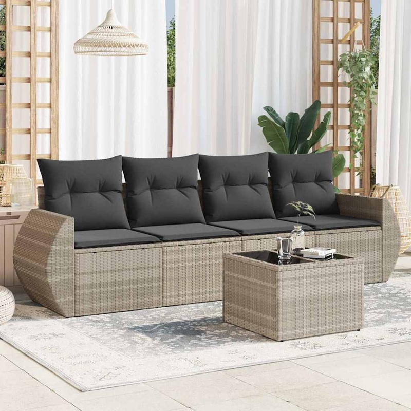 Salon de jardin 5 pcs avec coussins gris clair rsine tresse
