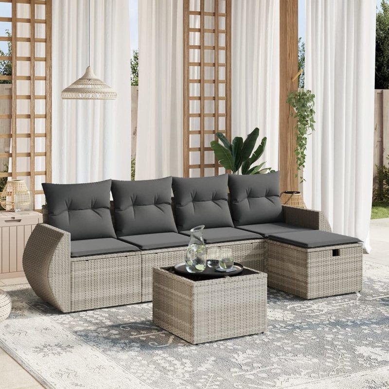 Salon de jardin 6 pcs avec coussins gris clair rsine tresse