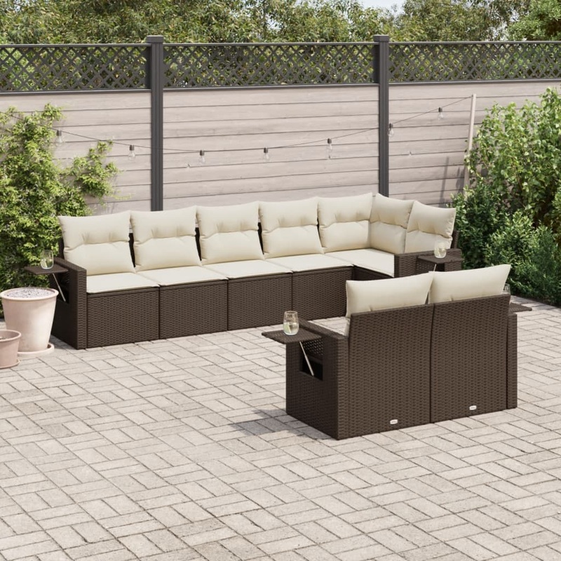 Salon de jardin 8 pcs avec coussins marron rsine tresse