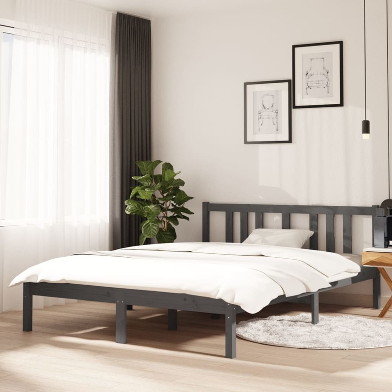 Cadre de lit sans matelas gris bois massif 135x190 cm