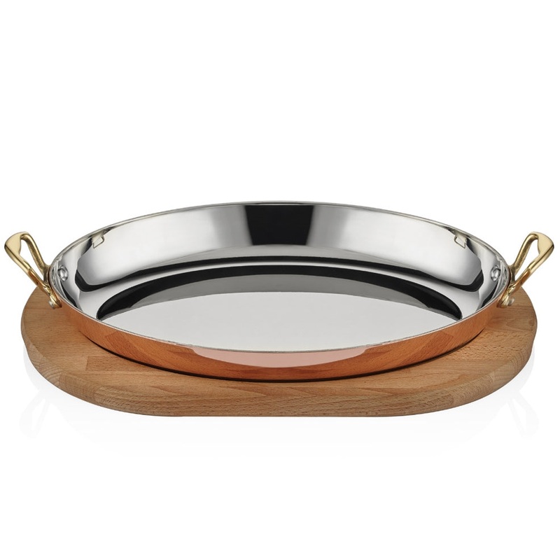 MULTI METAL OVAL DISH 35 CM  WITH WOODEN BASE
