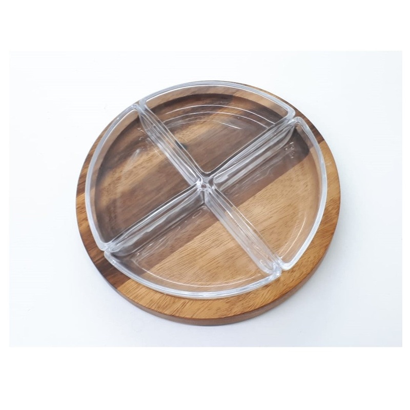 4 GLASS PLATES WITH WOODEN STAND 24 CM