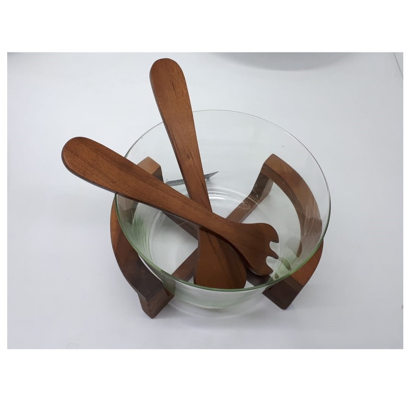 GLASS BOWL WITH WOODEN STAND AND TWO SPOON 24 CM