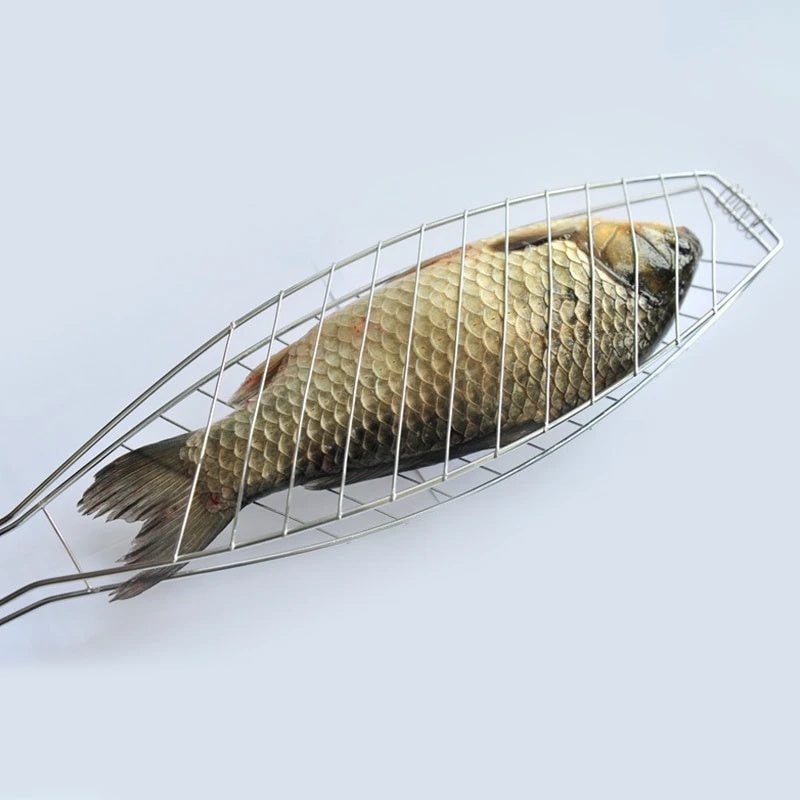 Stainless Steel Fish Grilling Basket With Wood Folding Handle