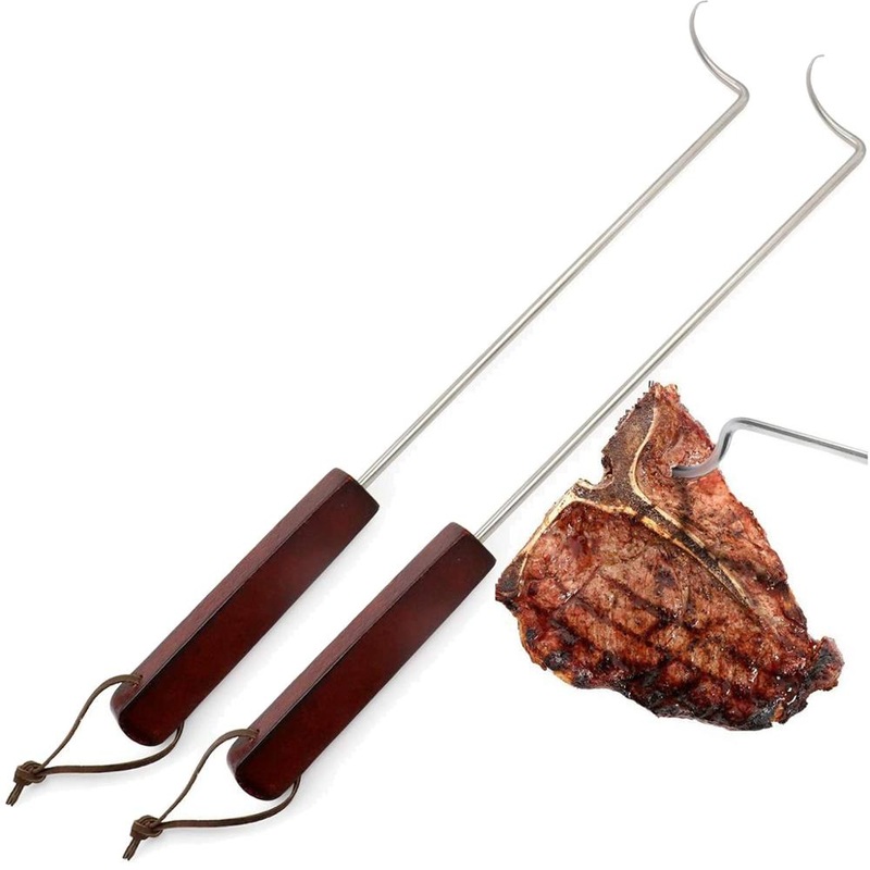 2pcs Stainless Steel and Wood Food Flipper Meat Turning Hook