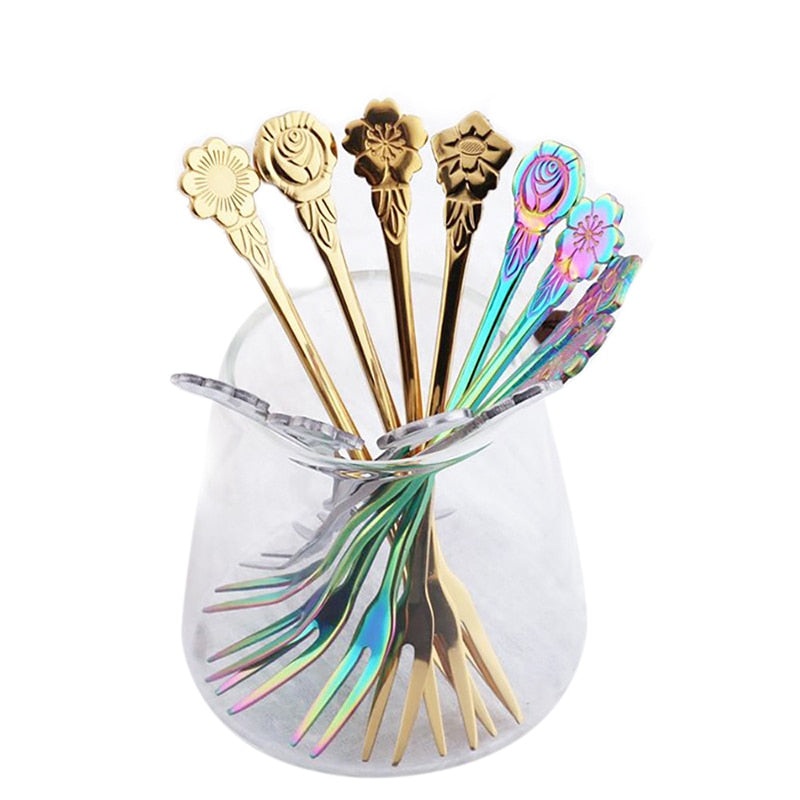 4pcs Flower shape Two-tine Fork Set Dessert Tableware Home Flatware