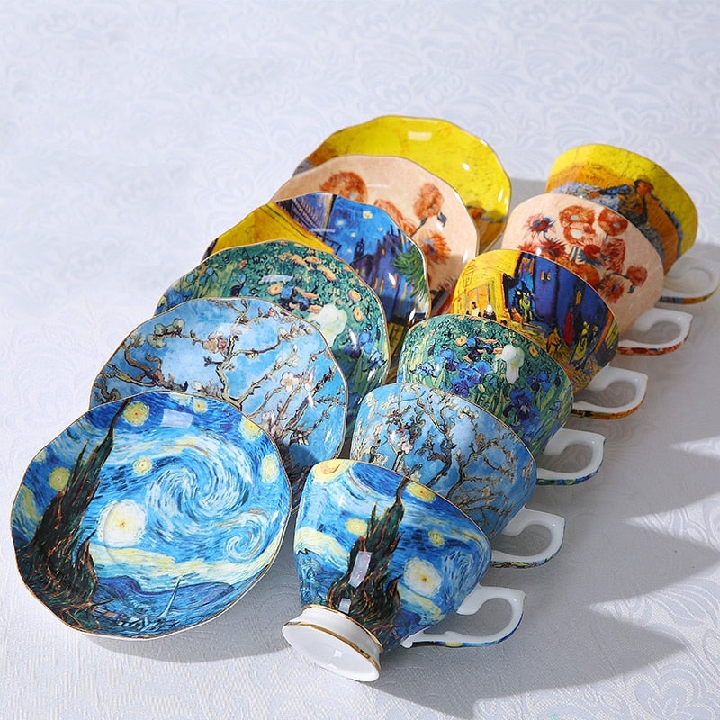 Painting Ceramic Coffee Mugs With Plate and Spoon