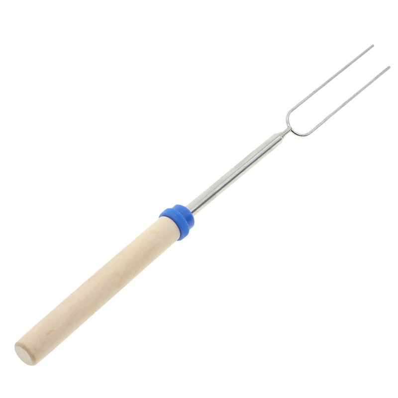 Stainless steel Wooden Handle Adjustable BBQ Fork Skewer