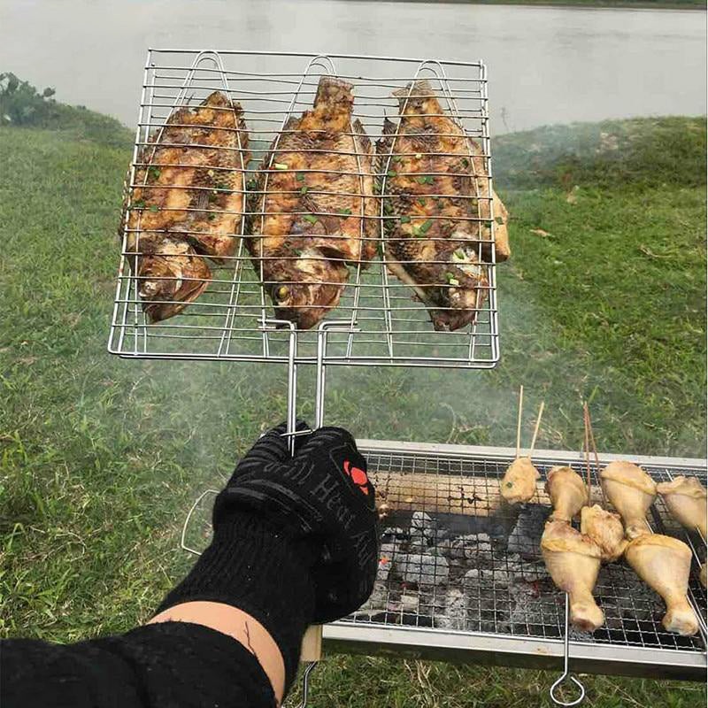 Kitchen Groups Steel Non-Stick Coating Grill Net Barbecue Grilling Fish Rack Barbecue Tool With Wood Handle