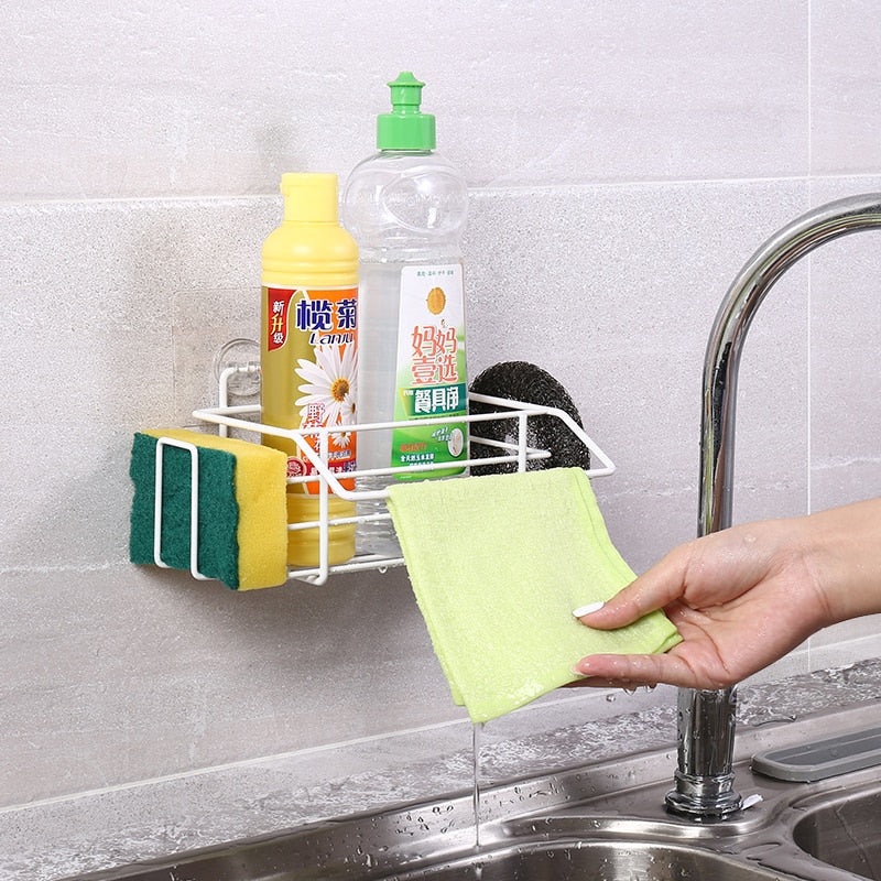 Punch-free Drain Basket Sponge Holder Kitchen Spice Rack Towel Hooks