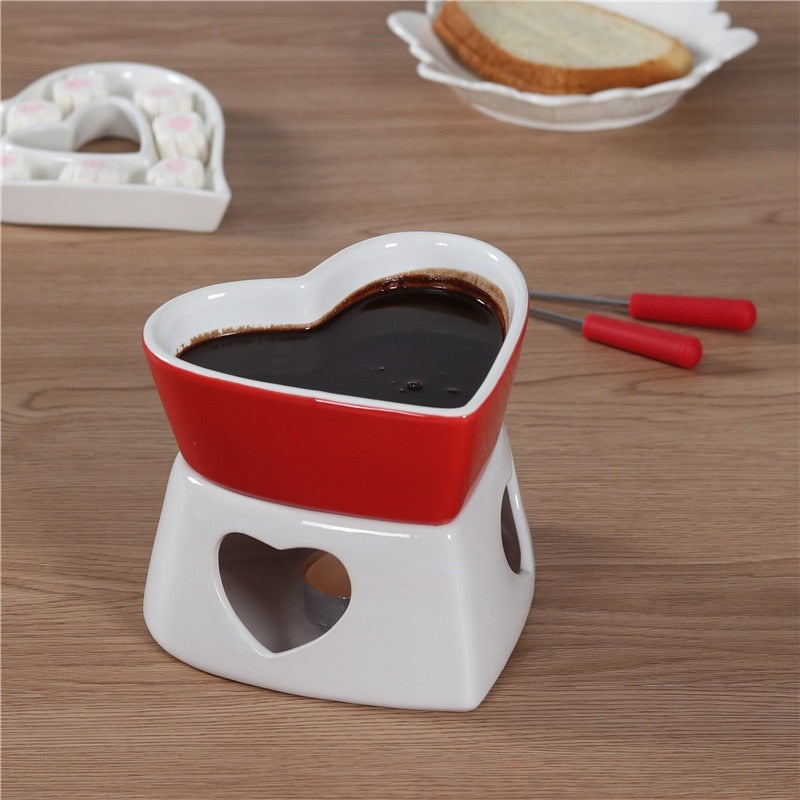 Red Heart Shape Fine Porcelain Chocolate Fondue Set Melting Fondue