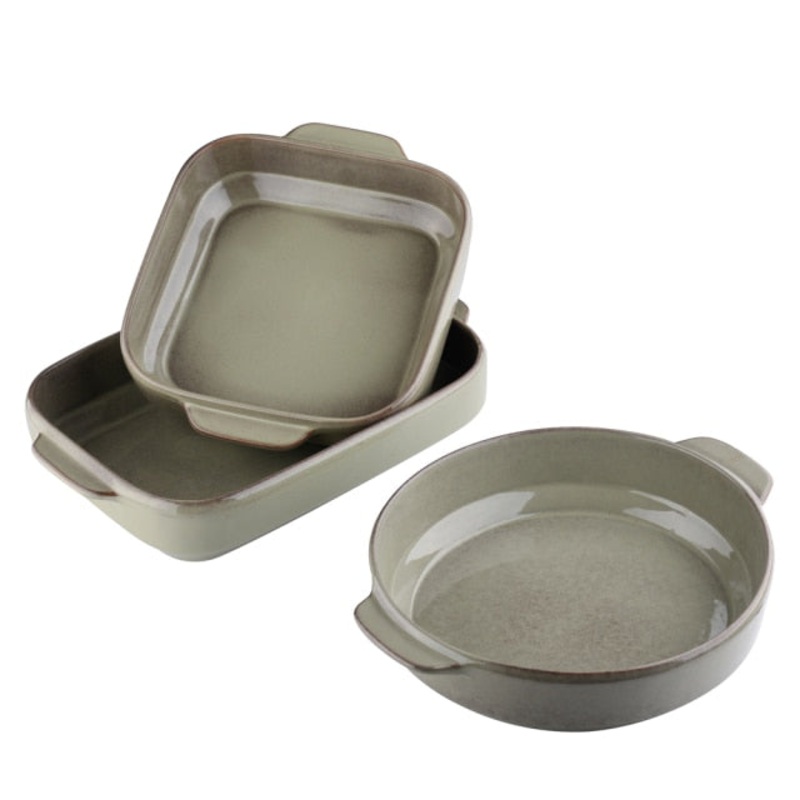 Round and Square Glaze Stoneware Baking Dish Plate Set with Handle