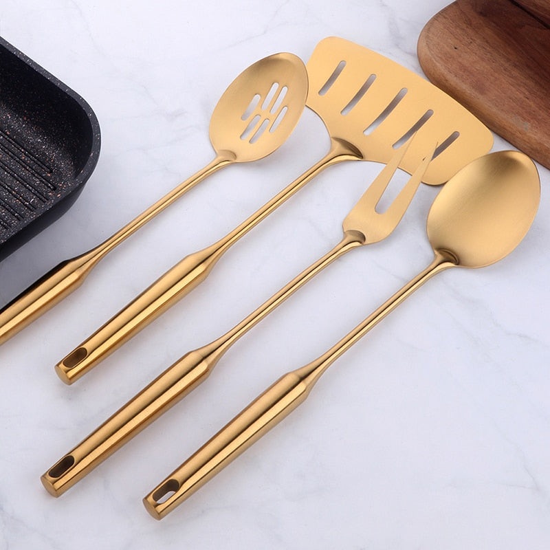 Stainless Steel Long Handle Kitchen Set Gold Cooking Utensils Set