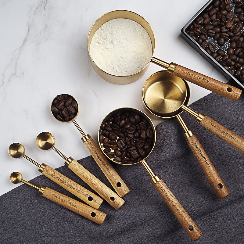 Measuring Spoon Set Kitchen Accessories Wooden Handle Stainless Steel