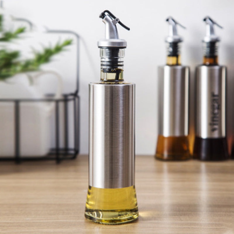 Stainless Steel Oil Bottle Glass Kitchen Cruet Storage Dispenser