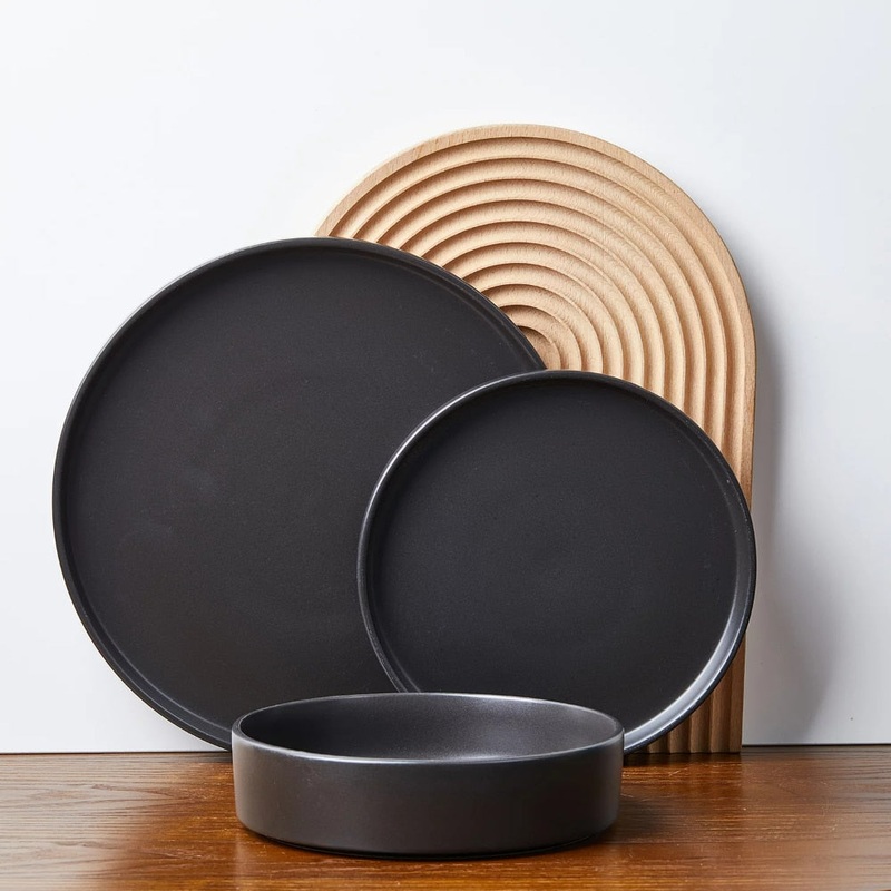 12pcs Stoneware Round Shape Dinnerware Set Black Dinnerware Sets
