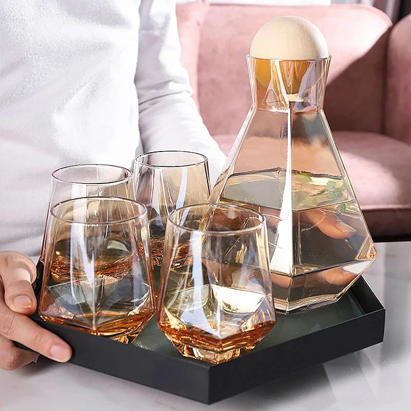 Diamond Shape Crystal Glass Water Pitcher Cup Set Clear Water Jug