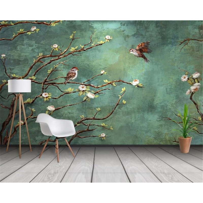 3D Mural Painted Birds & Trees Decoration Wallpaper