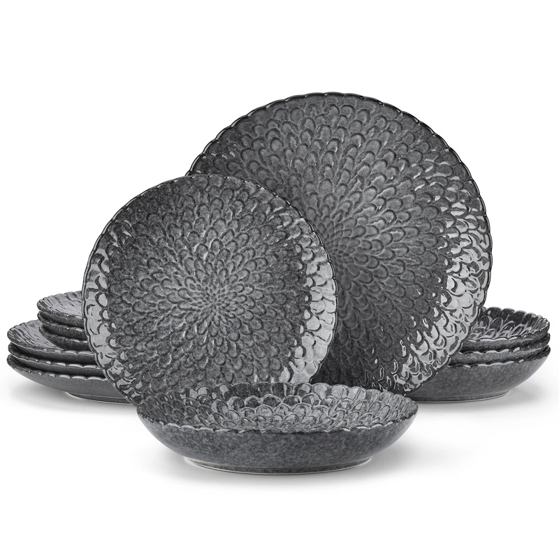 12/24pcs Stoneware Dinnerware Set Textured Ceramic Combination Set