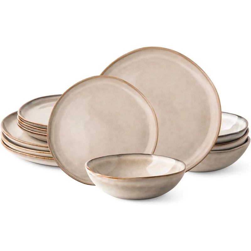 12pcs Ceramic Handmade Reactive Glaze Plates and Bowls Dinnerware Set