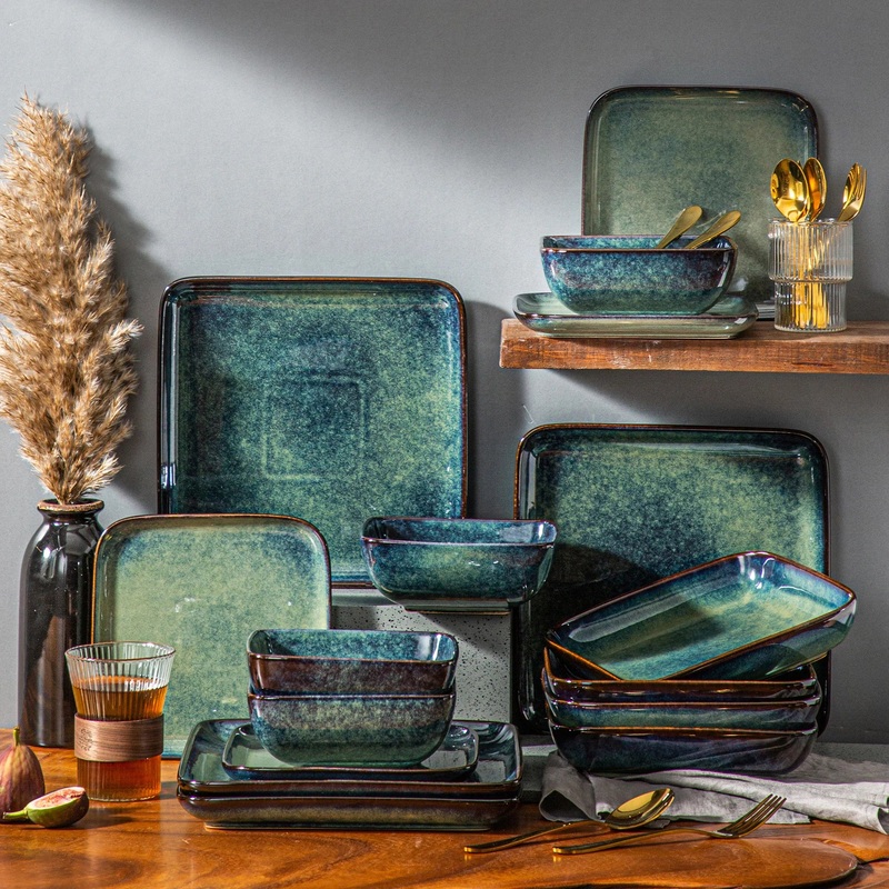 16pcs Square Ceramic Tableware Set for 4 People Kitchen Dinnerware Set