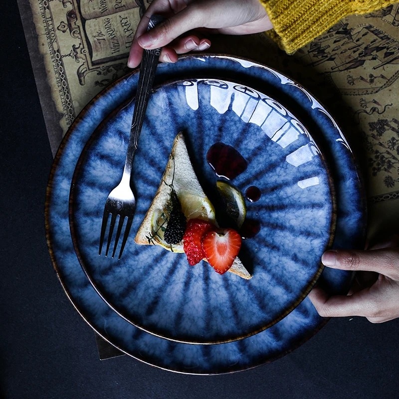Blue Ceramic Dinner Plate Big and Small Steak Dinnerware Plate