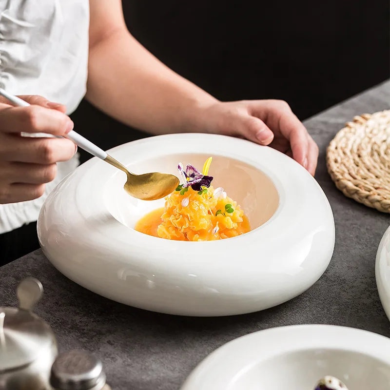 Ceramic Insulation Plate White Irregular Cold Dish Plate for Cuisine