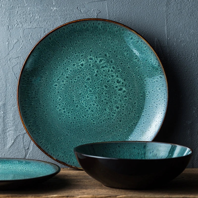 Ceramic Steak Plate Pasta Dish Bowl Cup Kitchen Dinnerware in Green