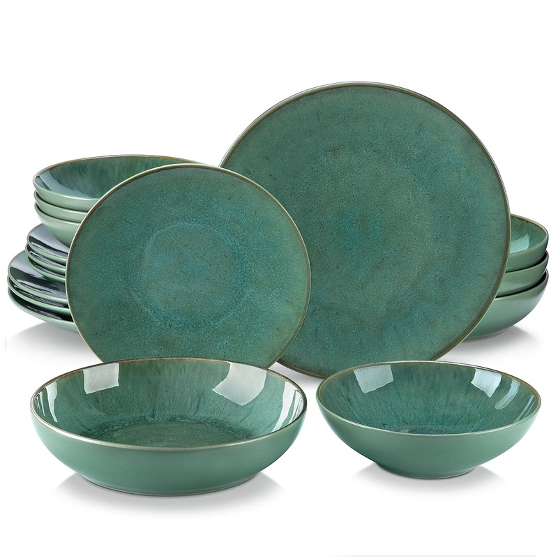 Green Embossed Stoneware Tableware Set Dinnerware for 4/8/12 People