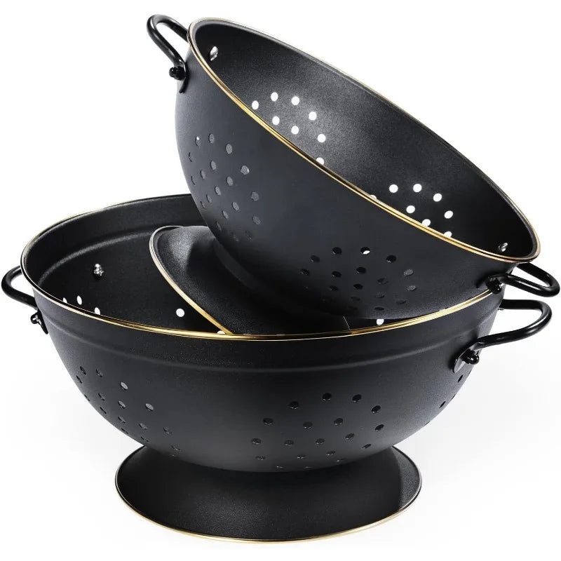 Metal Colander Strainer Baskets with Handles and Solid Base Set of 2