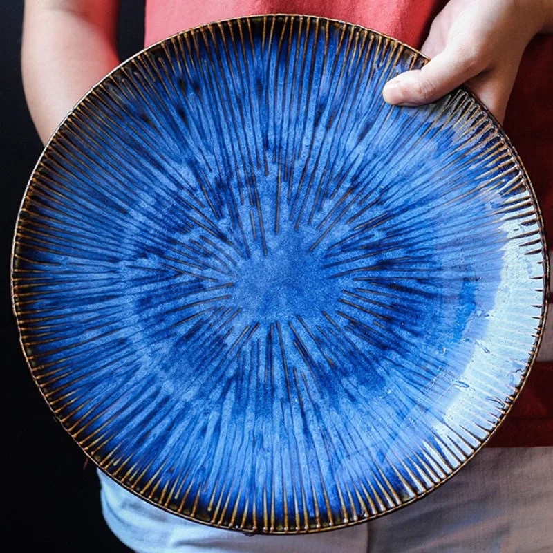 Western Style Ceramic Dish Deep Blue Pasta Plate Kitchen Tableware
