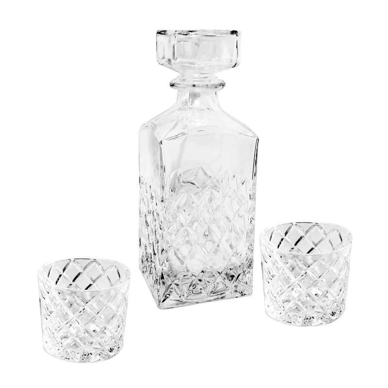 Diamond Cut Clear Glass Decanter and DOF Set Durable Dishwasher Safe