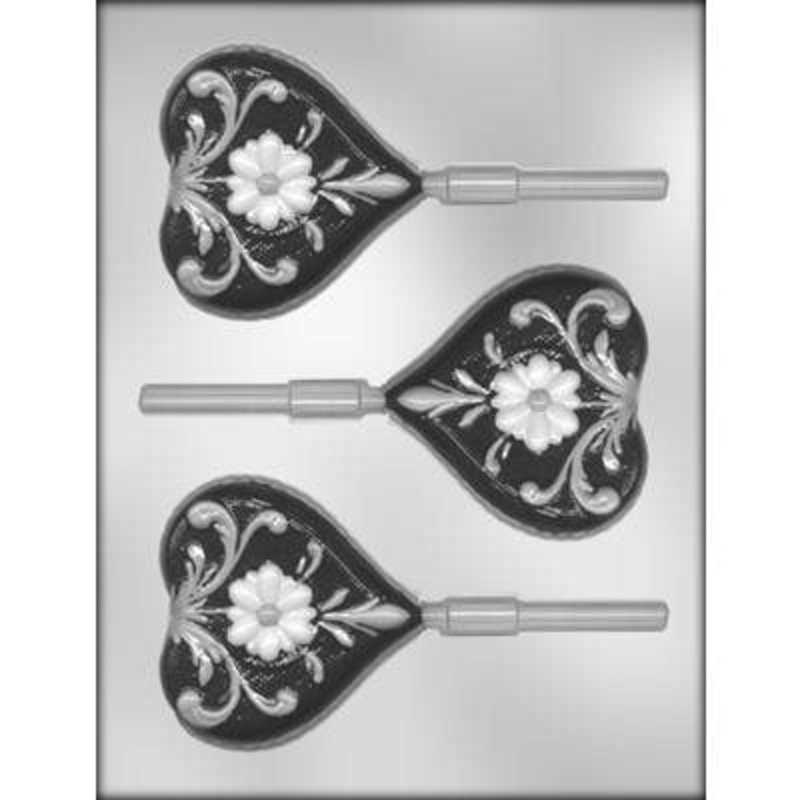 Fancy Heart Lollipop Chocolate Candy Mold 3 1/4 Inch