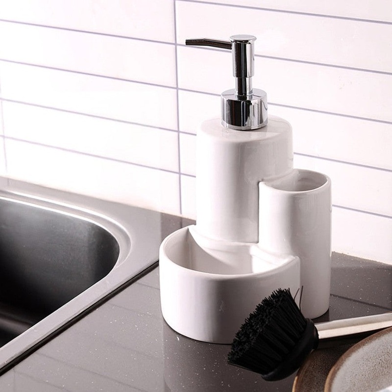 Ceramic Sink Organiser with Scrub Brush - White