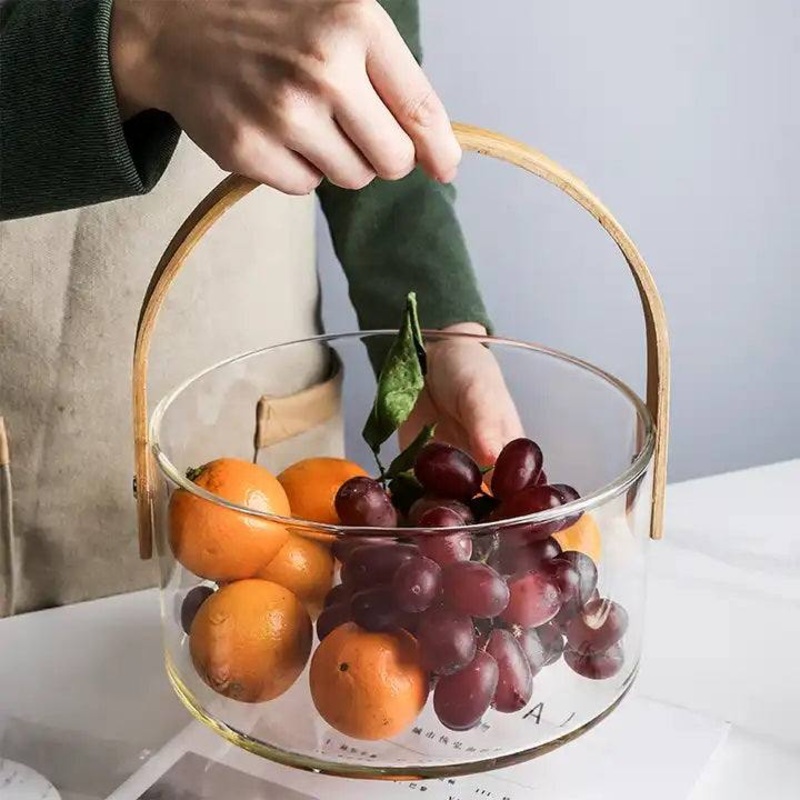 Aura Glass Storage Basket with Wooden Handle