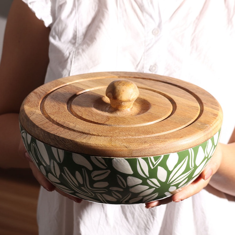 Fez Wooden Storage Bowl Large - Green White