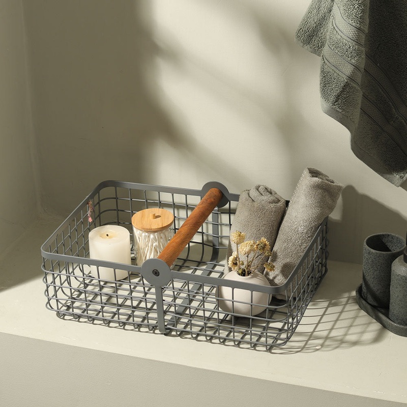 Grid Storage Basket with Handle Large - Grey
