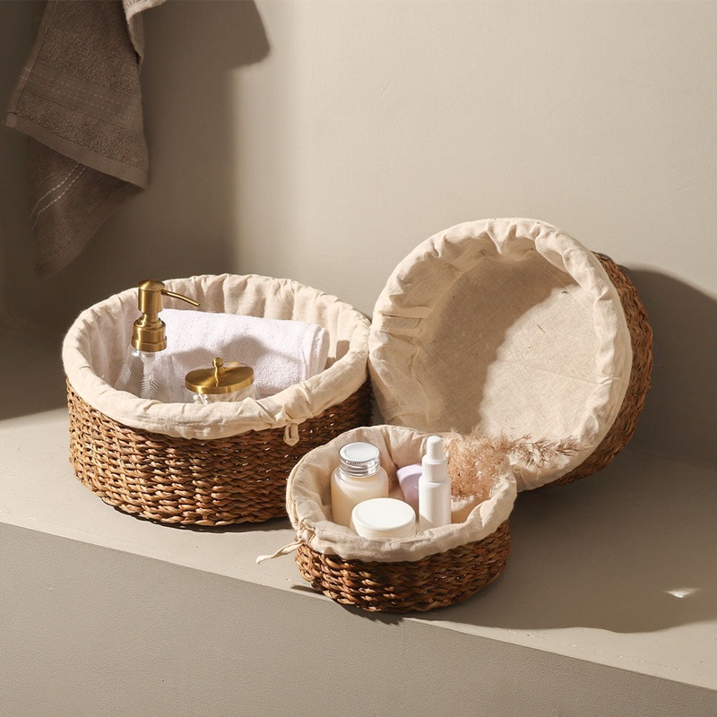 Lined Seagrass Round Storage Baskets, Set of 3 - Natural