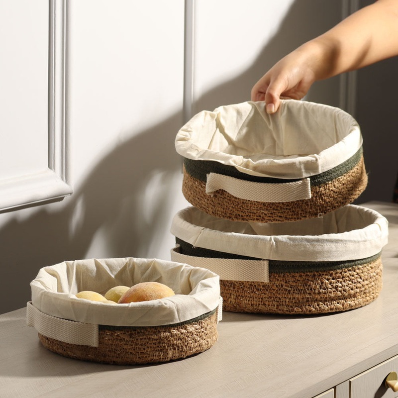 Lined Seagrass Round Storage Baskets, Set of 3 - Natural Olive