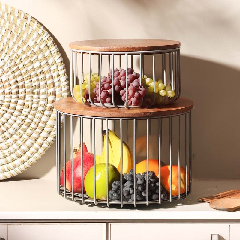 Stackable Wire Storage Baskets with Lids, Set of 2 - Grey