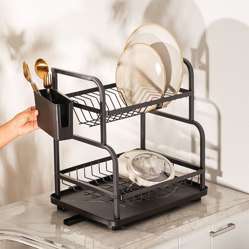 2-Tier Dish Rack with Cutlery Holder & Drainer - Black