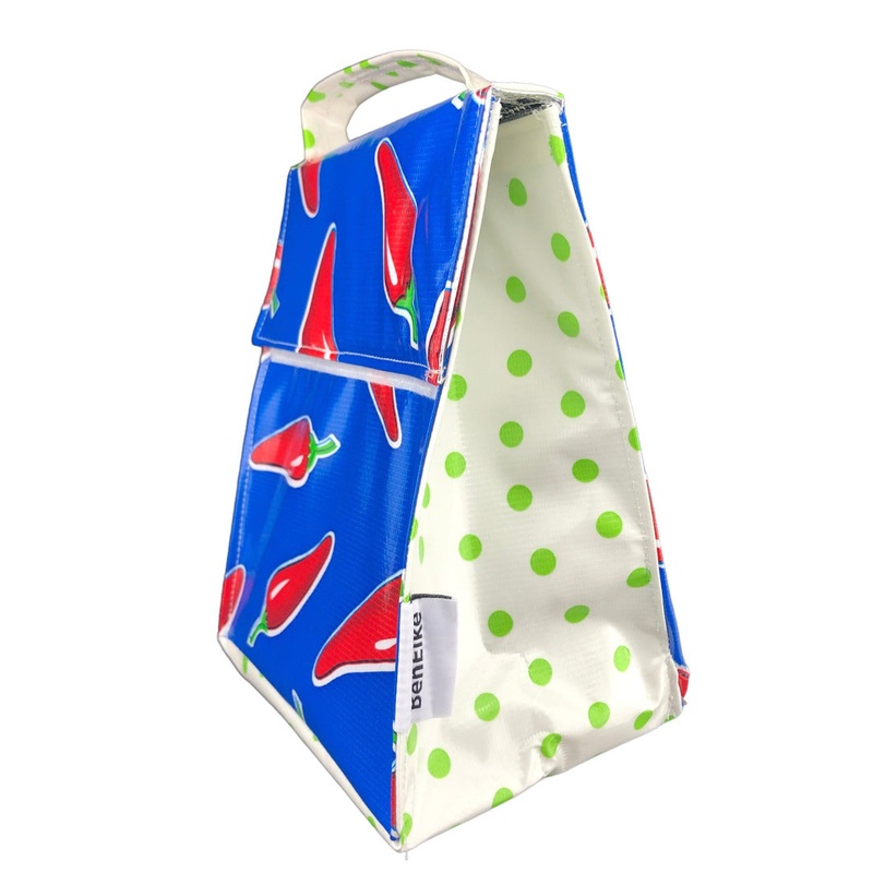 Mexican Oilcloth Insulated Lunch Bag -  Chiles Red on Blue