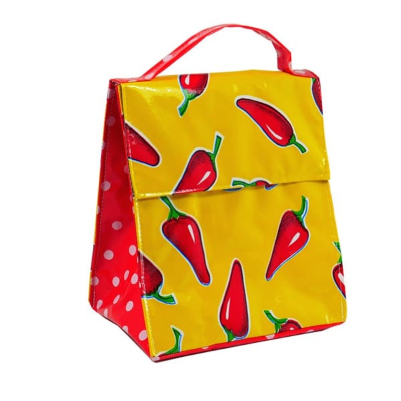 Mexican Oilcloth Insulated Lunch Bag -  Chiles Red on Yellow