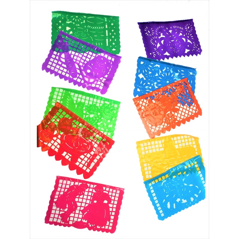 Papel Picado Fiesta theme - 10 plastic sheets 33cm x 23cm - 5m long