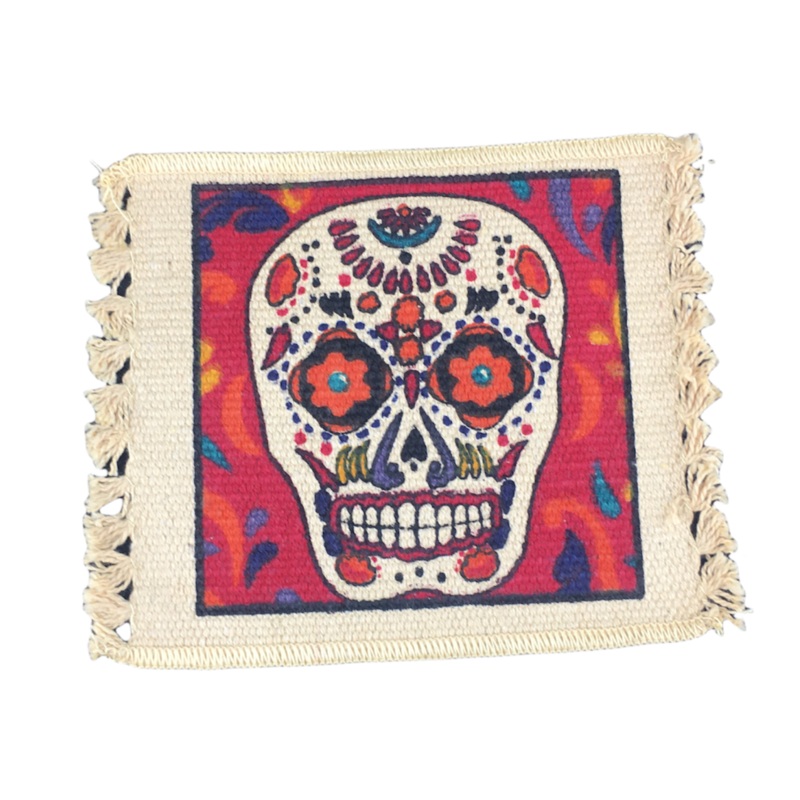 Cotton Drink Coaster -  Day of the Dead Calavera Sugar Skull on Red