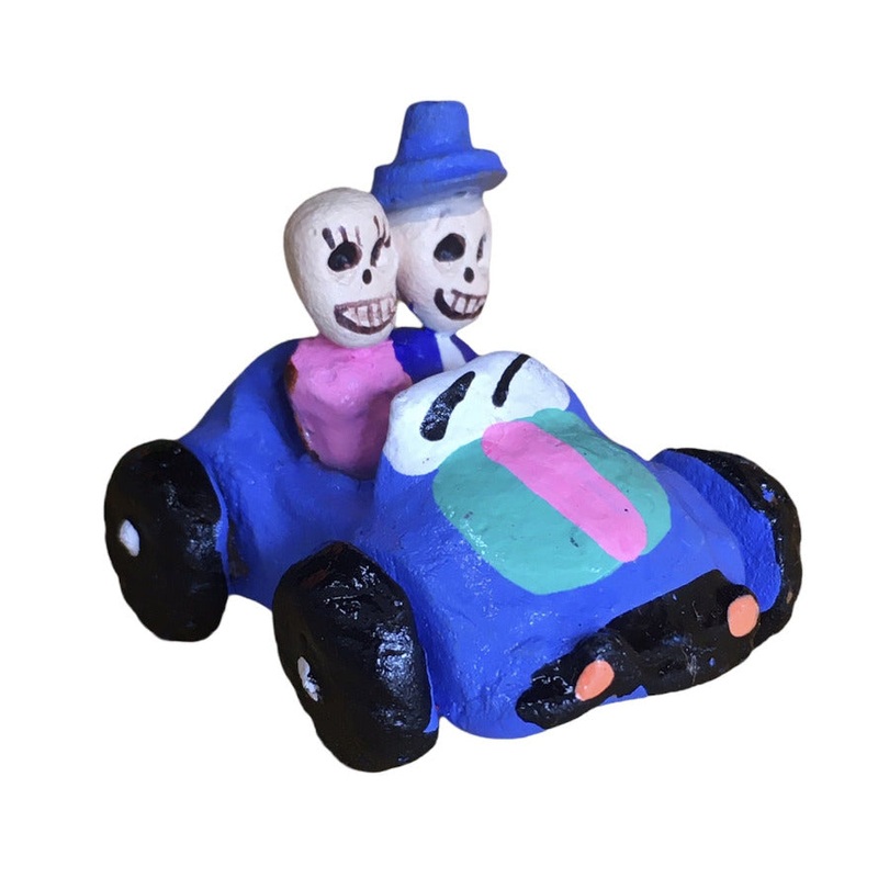 Mexican clay folk art - mini day of the dead Sunday drive car